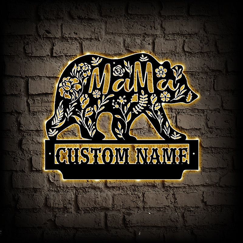 Personalized Mama Bear Metal Wall Art With LED Lights