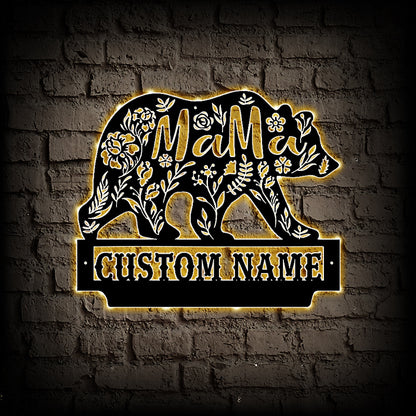 Personalized Mama Bear Metal Wall Art With LED Lights