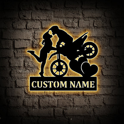 Custom Motorcyclist And Girl Metal Wall Art With Led Lights