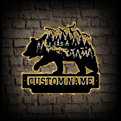 Personalized Mountain Bear Metal Wall Art With LED Lights