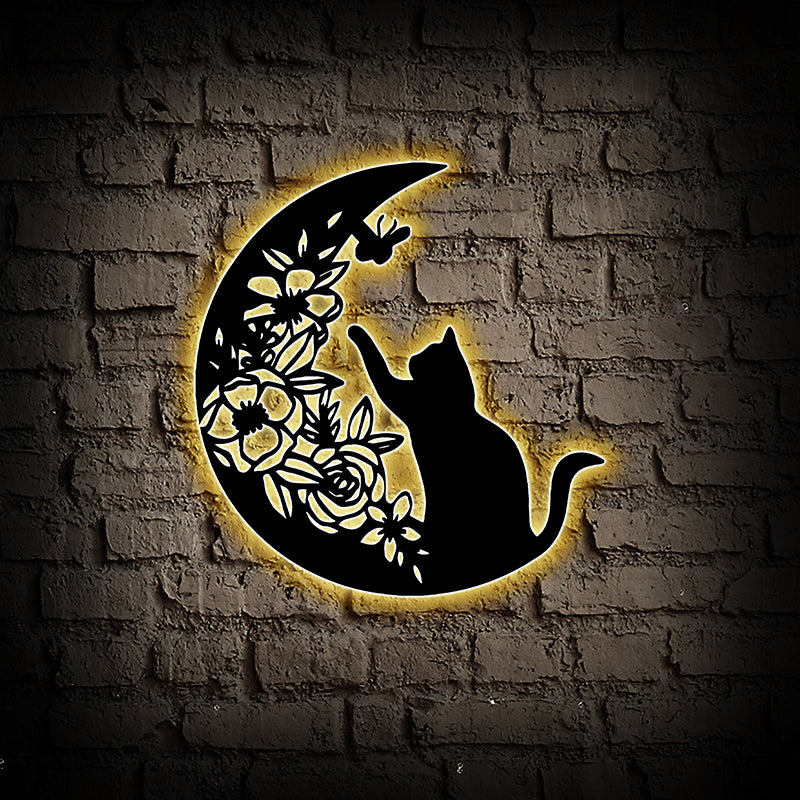 Floral Moon and Cat Metal Wall Art With Led Lights