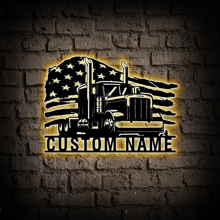 Custom US Truck Driver Metal Wall Art With Led Lights