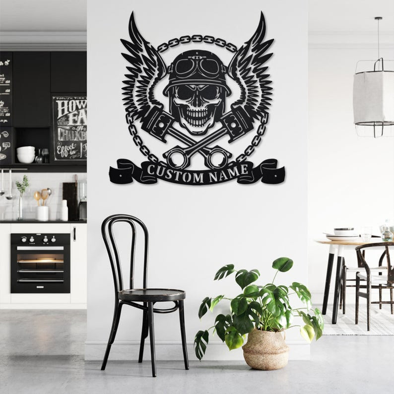 Custom Biker Skull With Wings And Pistons Metal Wall Art With LED Lights