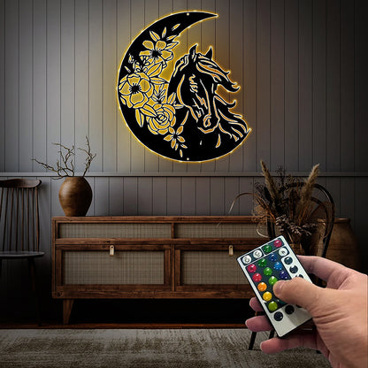 Horse And Flowers Metal Wall Art With Led Lights