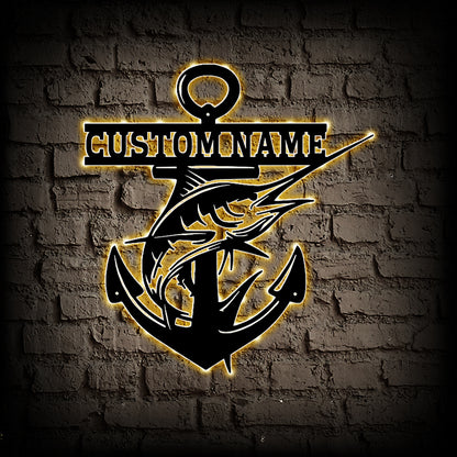 Personalized Swordfish and Anchor Metal Wall Art With LED Lights