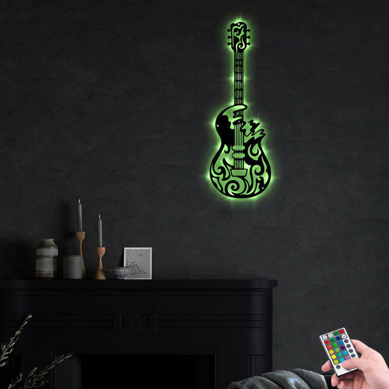 Guitar Metal Wall Art With Led Lights