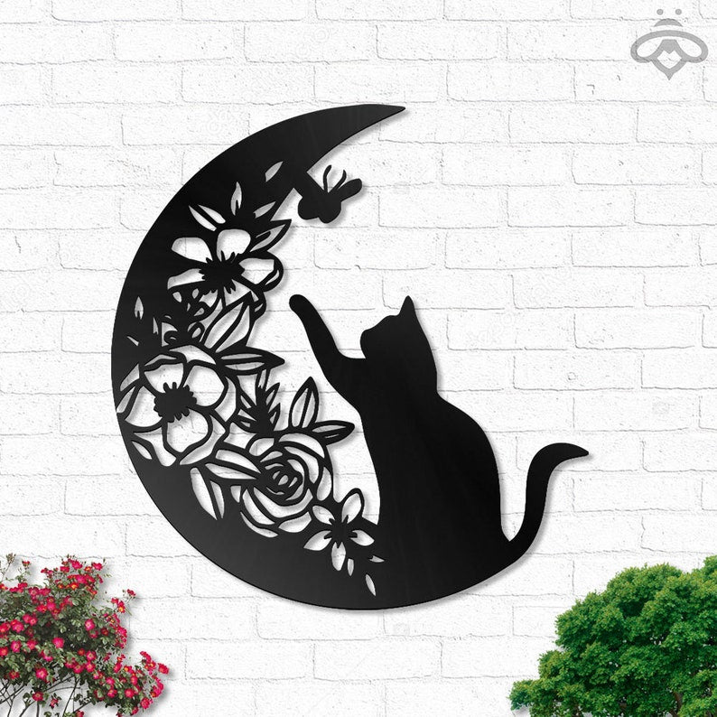 Floral Moon and Cat Metal Wall Art With Led Lights