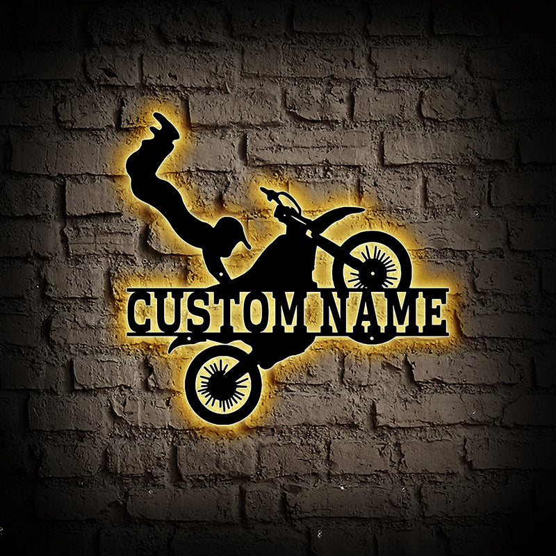 Custom Stunt Motorcycle Metal Wall Art With Led Lights