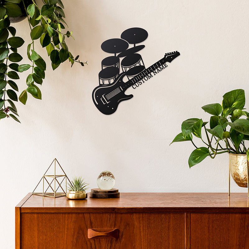 Personalized Guitar And Drum Metal Wall Art With Led Lights