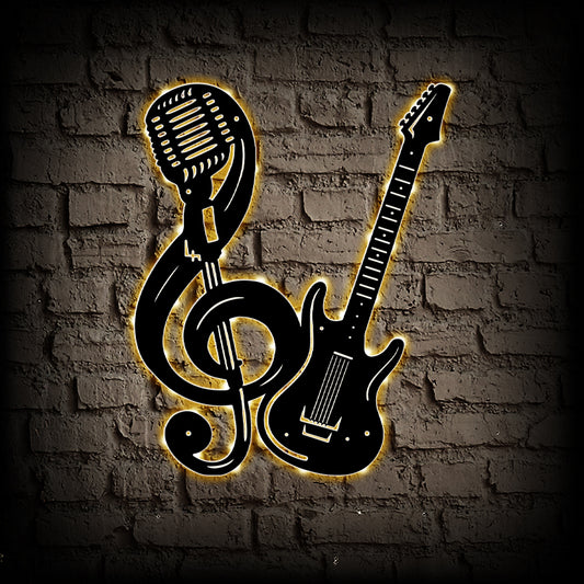 Mic in Clef and Guitar Metal Wall Art With Led Lights