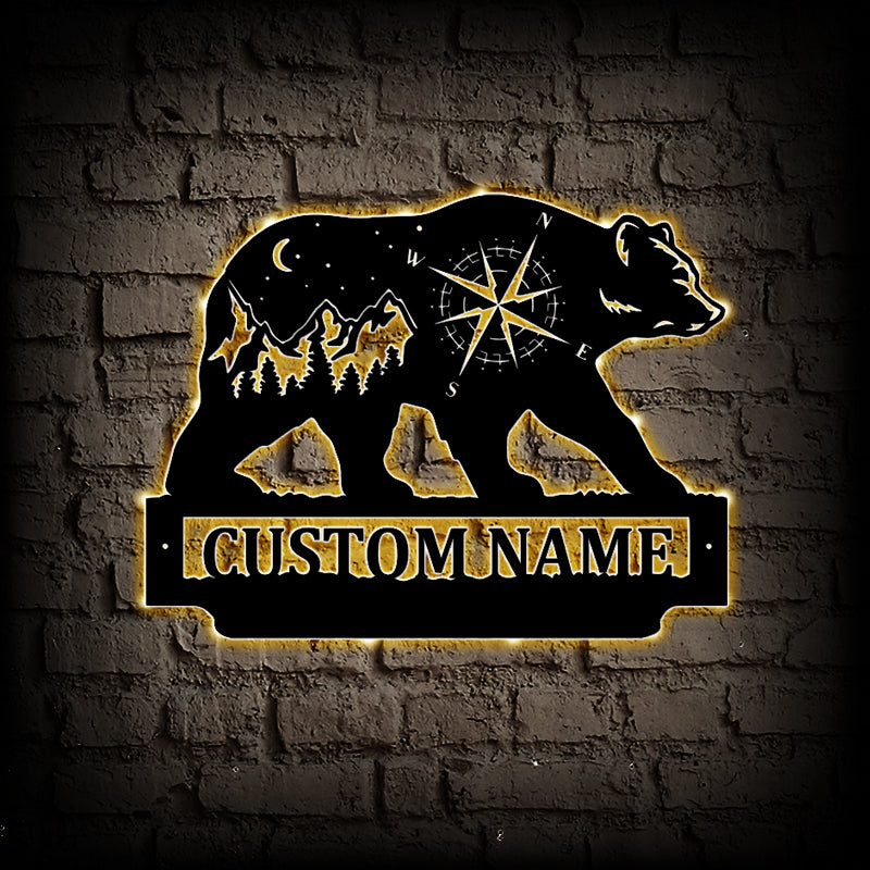 Personalized Forest And Bear Metal Wall Art With LED Lights