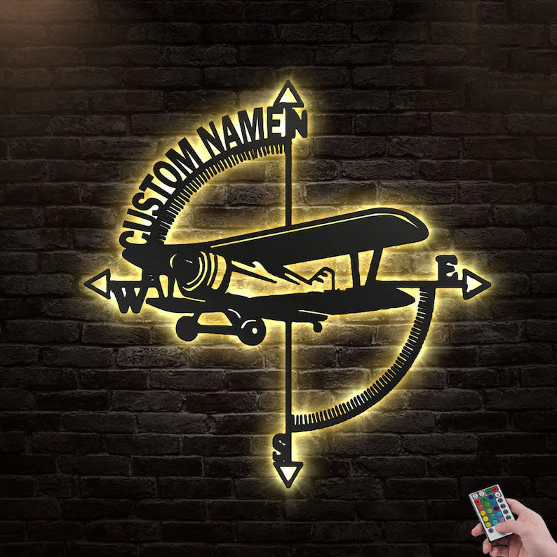 Custom Compass Airplane Metal Wall Art With LED Lights