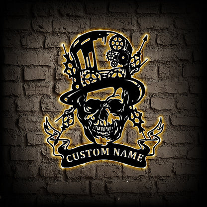 Personalized Mechanical Skull Metal Wall Art With LED Lights