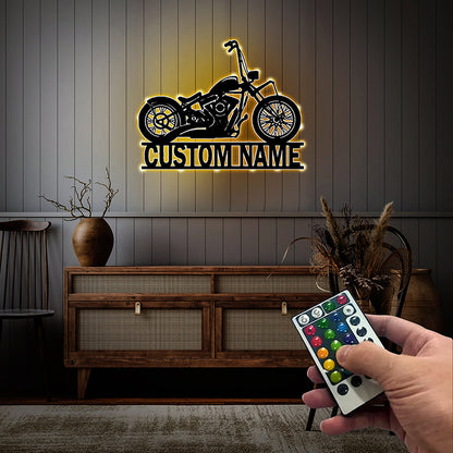 Personalized Motorcycle Garage Metal Wall Art With LED Lights