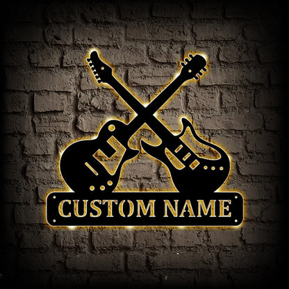 Personalized Crossed Guitars Metal Wall Art With Led Lights