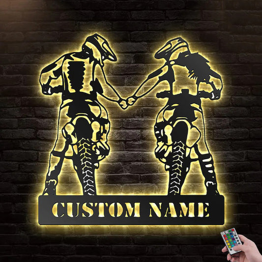 Custom Motocross Husband and Wife Family Metal Wall Art Sign With Led Lights