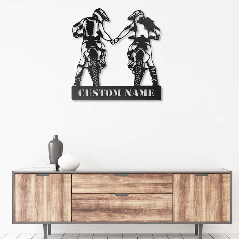 Custom Motocross Husband and Wife Family Metal Wall Art Sign With Led Lights