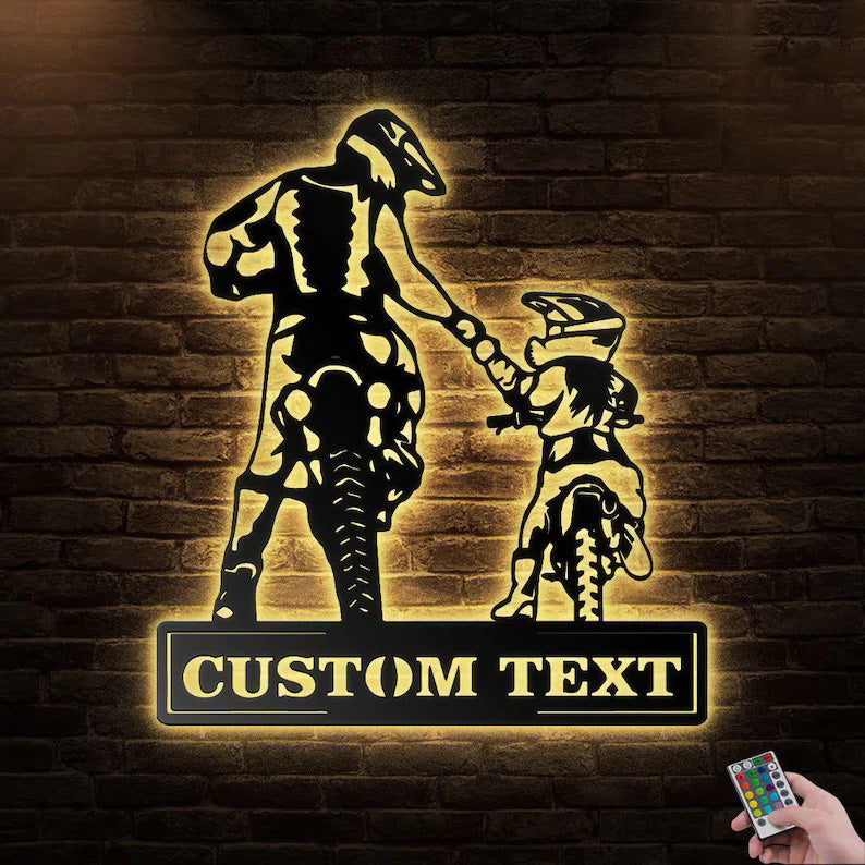 Custom Motocross Dad and Daughter Metal Wall Art Sign Led Lights