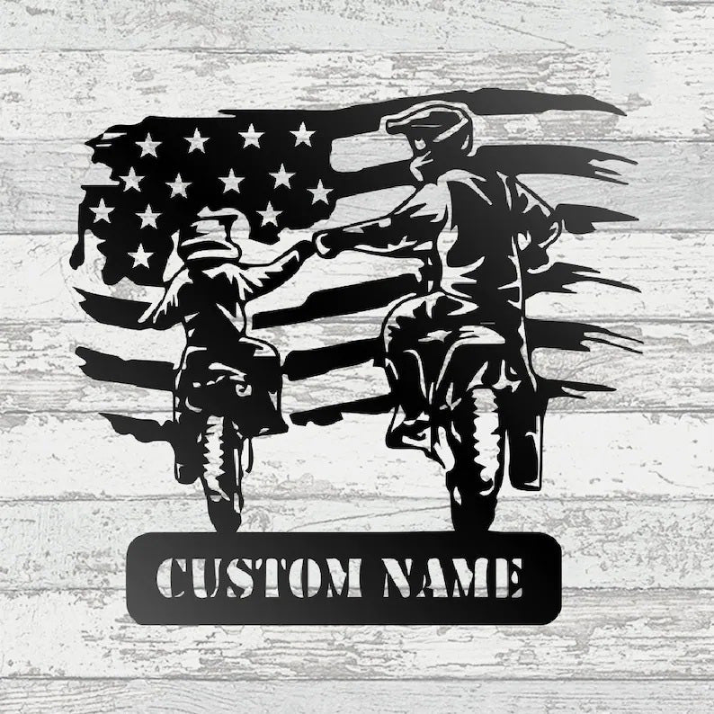 Custom American Motocross Dad and Son Metal Wall Art With Led Lights