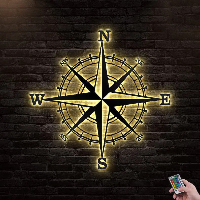 Compass Metal Wall Art With Led Lights