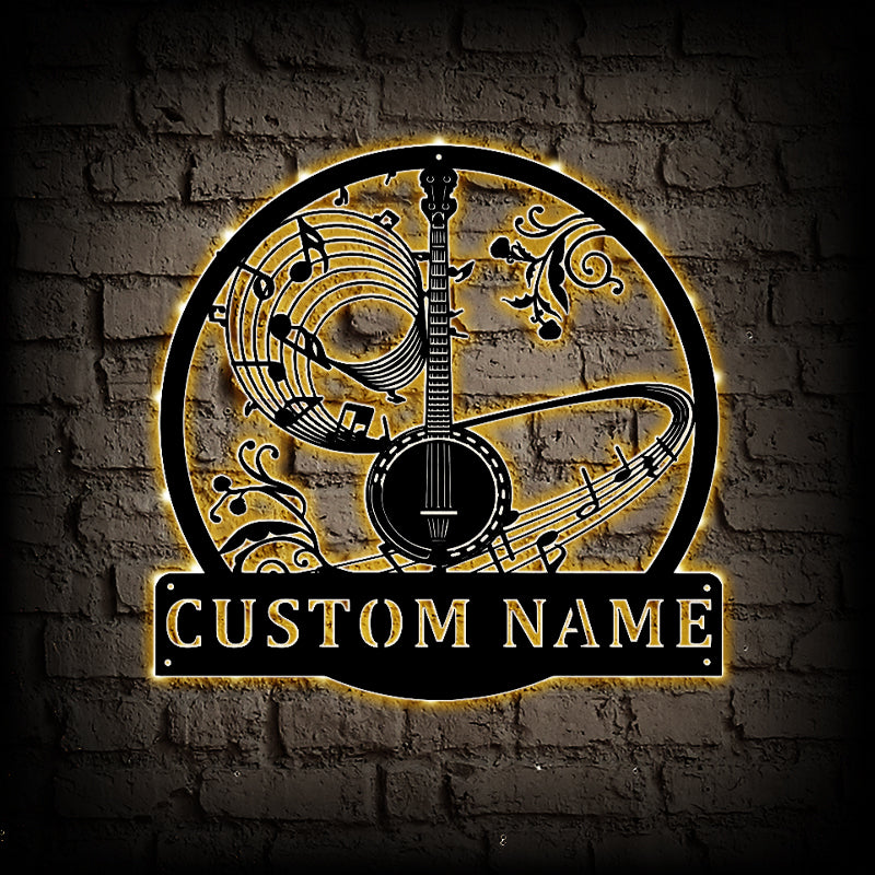 Personalized Banjo Metal Wall Art With LED Lights