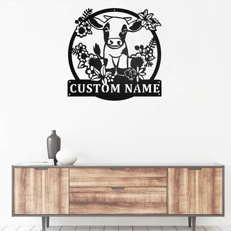 Custom Floral Cow Farm Metal Wall Art