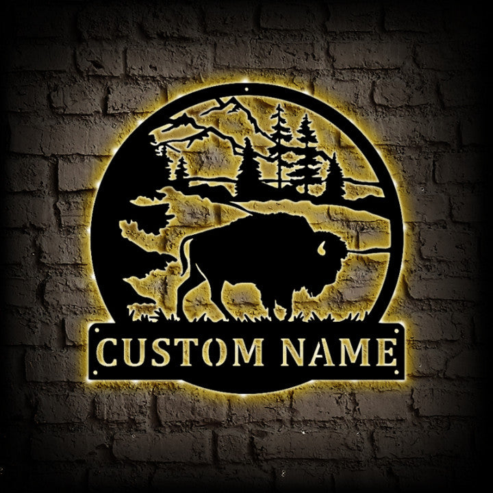 Custom American Bison Metal Wall Art With LED Lights